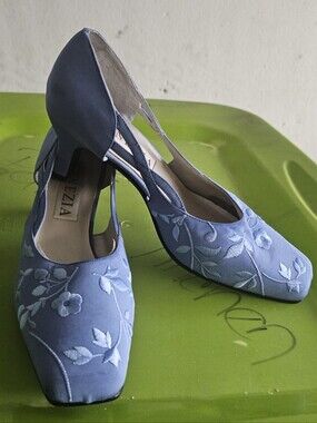 Venezia Light Blue Embroidered Slingback Mid-Heel Pumps